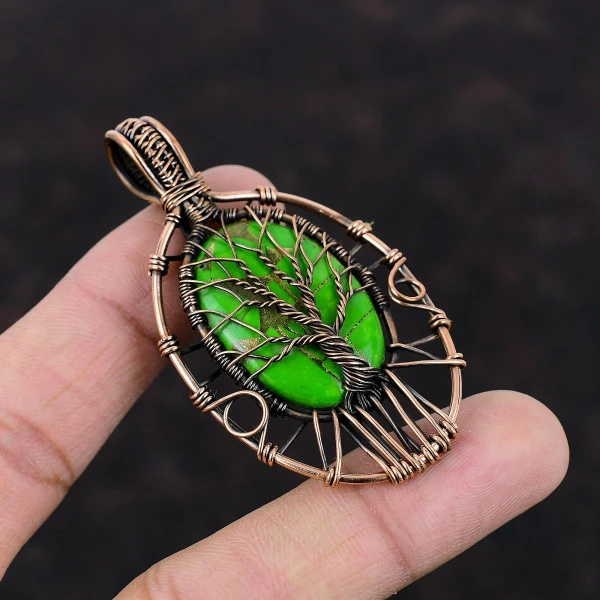 Tree Of Life Copper Green Turquoise Pendant Copper Wire Wrapped Gemstone Pendant
