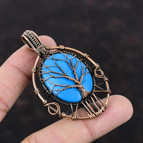 Tree Of Life Sleeping Beauty Turquoise Pendant Gemstone Copper Wire Wrap Jewelry