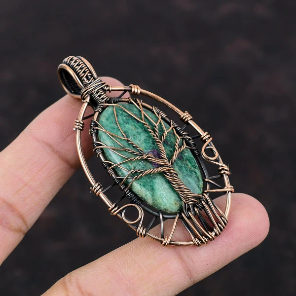 Tree Of Life Ruby Fuchsite Pendant Copper Wire Wrapped Handmade Gemstone Pendant