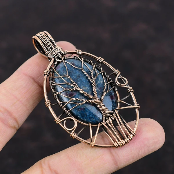 Tree Of Life Ruby In Blue Kyanite Pendant Gemstone Copper Wire Wrapped Jewelry