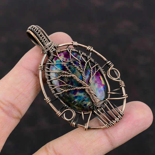 Tree Of Life Multi Fire Labradorite Pendant Copper Wire Wrapped Gemstone Pendant