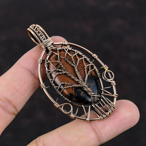 Tree Of Life Mahogany Obsidian Pendant Real Gemstone Copper Wire Wrapped Jewelry