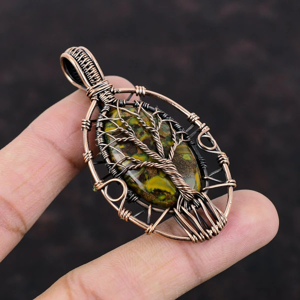 Tree Of Life Fruit Jasper Gemstone Pendant Copper Wire Wrapped Handmade Pendants