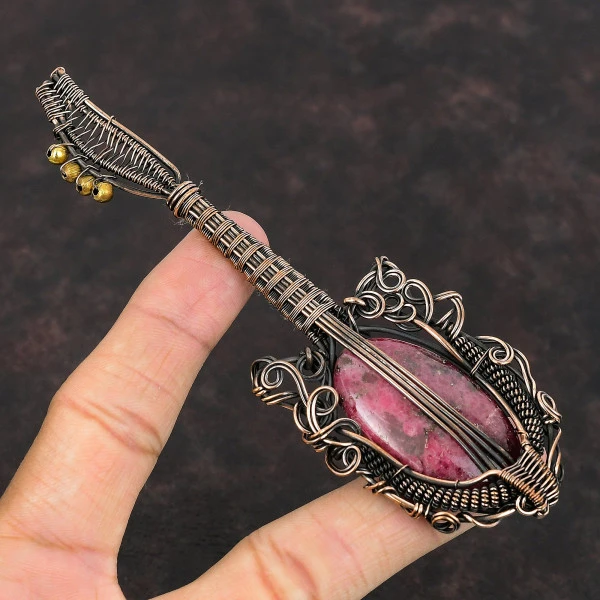 Rhodonite Oval Pink Handmade Copper Wire Wrapped Pendant