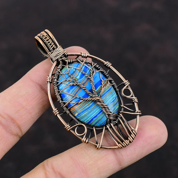 Tree Of Life Rainbow Calsilica Pendant Real Gemstone Copper Wire Wrapped Jewelry