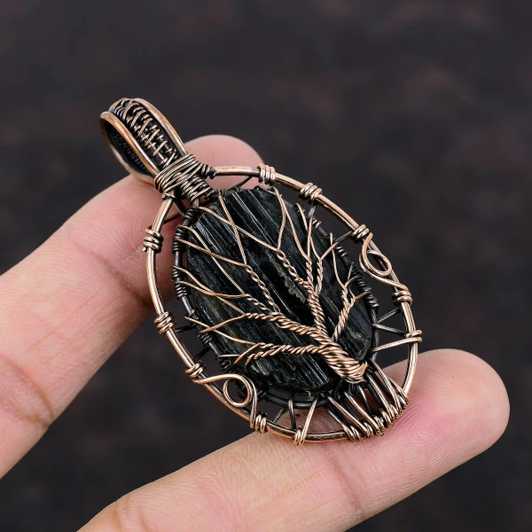 Tree of Life Black Tourmaline Rough Copper Wire Wrapped Pendant – Handmade Gemstone Jewelry