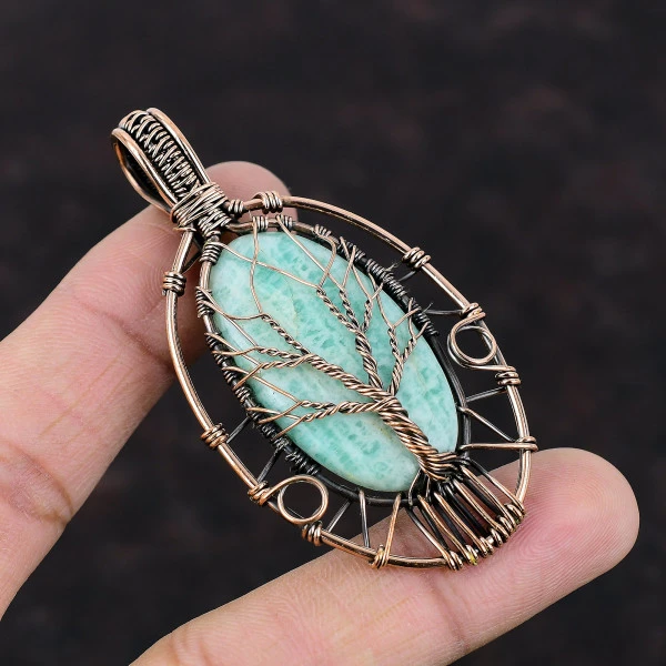 Tree Of Life Amazonite Pendant Unique Gemstone Copper Wire Wrap Handmade Jewelry