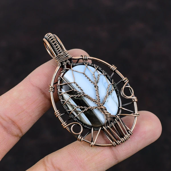 Tree Of Life Owyhee Blue Opal Pendant Dainty Gemstone Copper Wire Wrapped Pendant