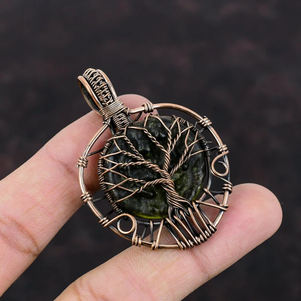 Tree Of Life Moldavite Gemstone Pendant Copper Wire Wrap Handmade Dainty Pendant