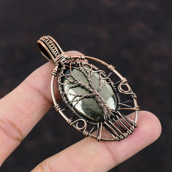 Tree Of Life Pyrite Pendant Handmade Decent Copper Wire Wrapped Gemstone Jewelry