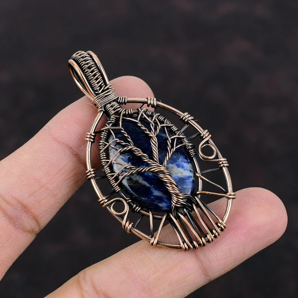 Tree Of Life Sodalite Pendant Gemstone Copper Wire Wrapped Handmade Boho Pendant