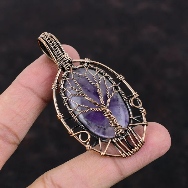 Tree Of Life Star Amethyst Pendant Copper Wire Wrapped Handmade Gemstone Jewelry
