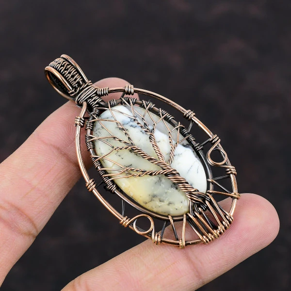 Tree Of Life Dendrite Opal Pendant Gemstone Handmade Copper Wire Wrapped Jewelry