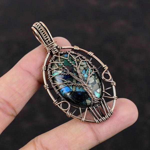 Tree Of Life Copper Azurite Malachite Pendant Copper Wire Wrap Gemstone Pendants