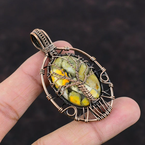 Tree Of Life Copper Bumble Bee Jasper Pendant Unique Copper Wire Wrapped Jewelry