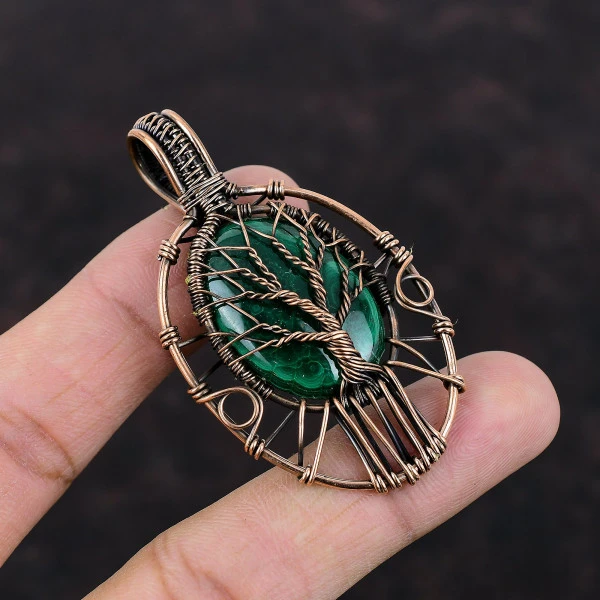 Tree Of Life Malachite Pendant Real Gemstone Copper Wire Wrapped Pendant