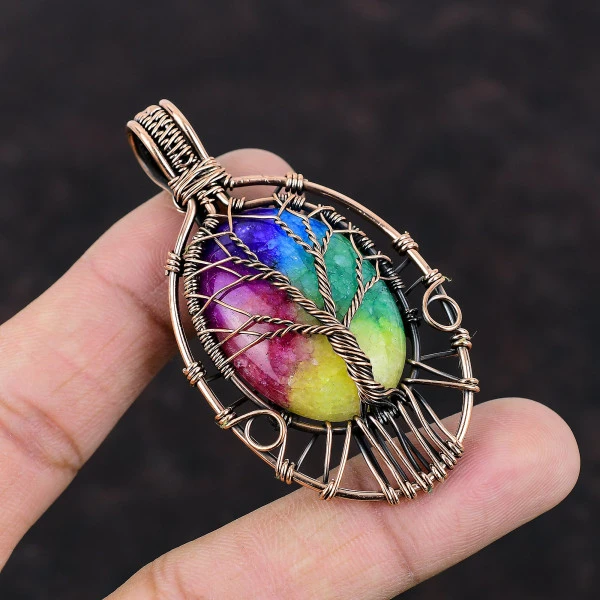 Tree Of Life Rainbow Solar Quartz Druzy Pendant Copper Wire Wrapped Boho Jewelry