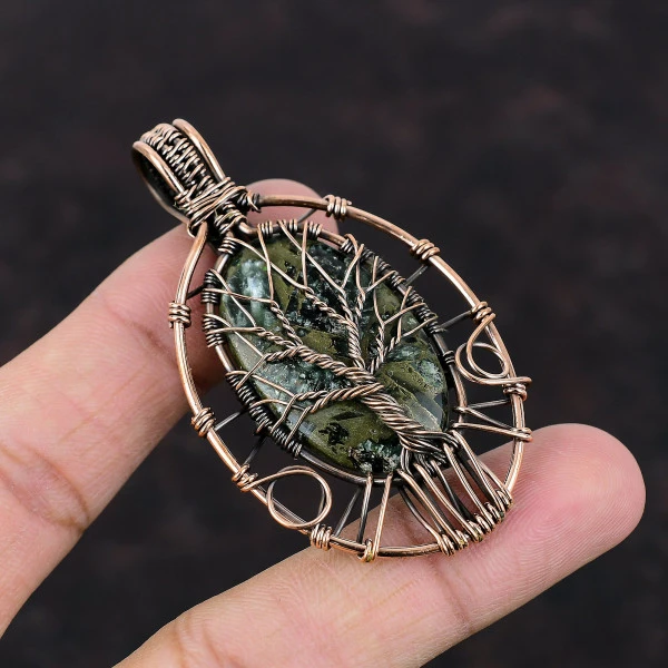 Tree Of Life Copper Seraphinite Pendant Decent Gemstone Copper Wire Wrap Pendant