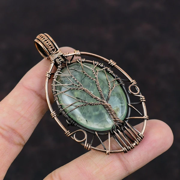Tree Of Life Moss Prehnite Pendant Gemstone Copper Wire Wrapped Handmade Jewelry