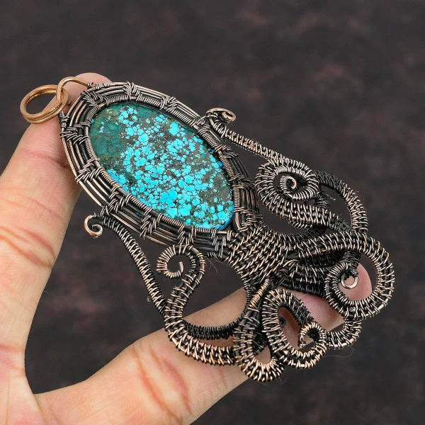 Tibetan Turquoise Oval Blue Handmade Copper Wire Wrapped Pendant