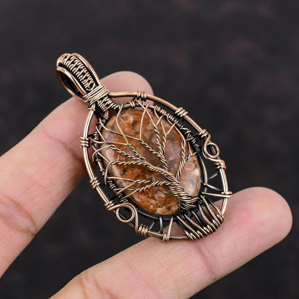 Tree Of Life Sunstone Pendant Real Gemstone Handmade Copper Wire Wrapped Jewelry