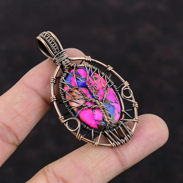 Tree Of Life Kingman Pink Dahlia Turquoise Pendant Copper Wire Wrapped Pendants