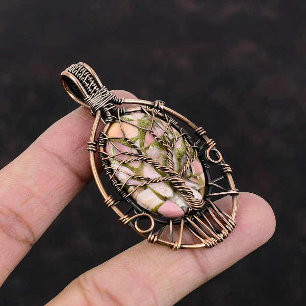 Tree Of Life Copper Pink Opal Pendant Gemstone Copper Wire Wrapped Dainty Pendant