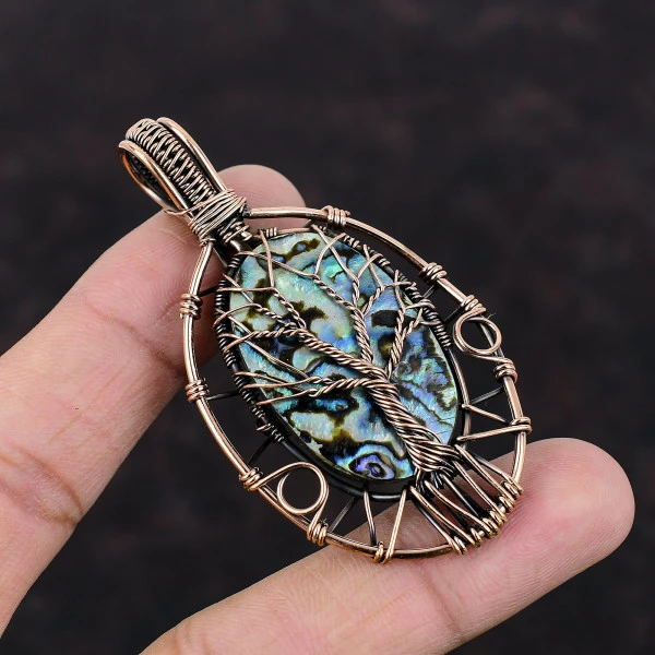 Tree Of Life Abalone Shell Pendant Gemstone Copper Wire Wrapped Handmade Jewelry