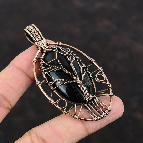 Tree Of Life Silver Sheen Obsidian Pendant Copper Wire Wrapped Gemstone Pendants