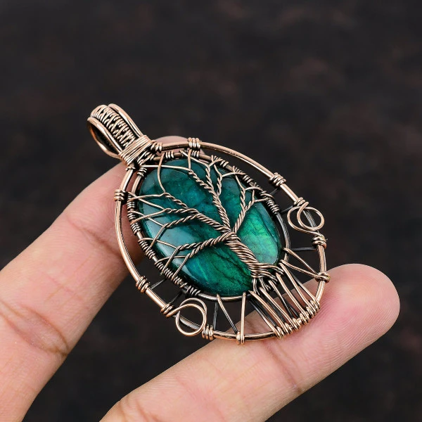 Tree Of Life Neon Flash Labradorite Pendant Gemstone Copper Wire Wrapped Jewelry
