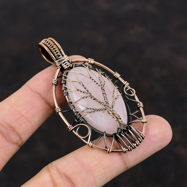 Tree Of Life Rose Quartz Pendant Copper Wire Wrapped Handmade Gemstone Jewelry