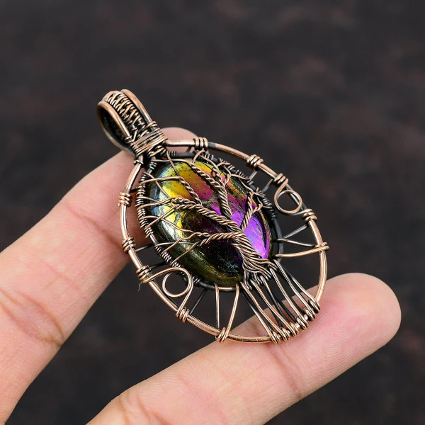 Tree Of Life Mystic Fire Labradorite Pendant Gemstone Copper Wire Wrapped Pendant