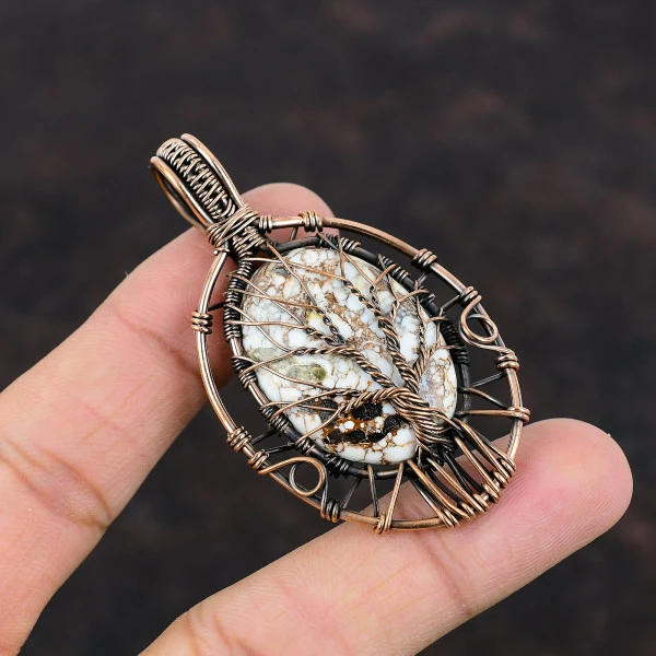 Tree Of Life Wild Horse Magnesite Pendant Copper Wire Wrapped Gemstone Jewelry