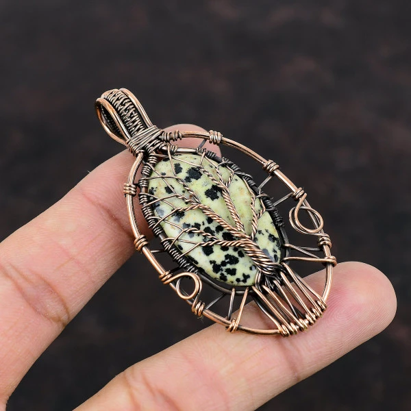 Tree Of Life Dalmatian Jasper Pendant Real Gemstone Copper Wire Wrapped Pendant