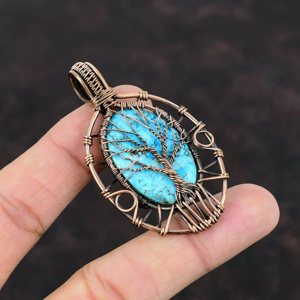 Tree Of Life Tibetan Turquoise Pendant Real Gemstone Copper Wire Wrapped Pendant