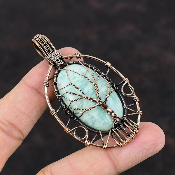 Tree Of Life Amazonite Pendant Unique Gemstone Copper Wire Wrap Handmade Jewelry