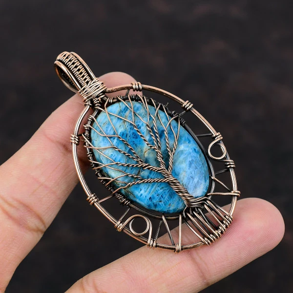 Tree Of Life Neon Apatite Pendant Copper Wire Wrapped Handmade Gemstone Pendants