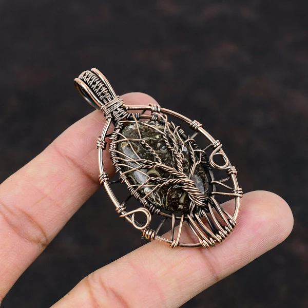 Tree Of Life Turritella Agate Pendant Gemstone Copper Wire Wrapped Boho Jewelry