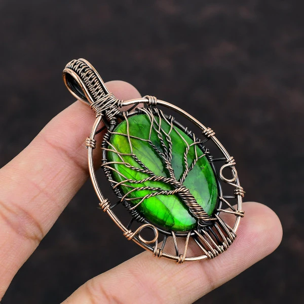 Tree Of Life Green Fire Labradorite Pendant Gemstone Copper Wire Wrapped Pendant