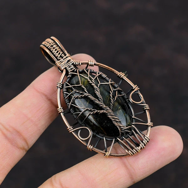 Tree Of Life Nellite Pendant Unique Gemstone Copper Wire Wrapped Handmade Jewelry