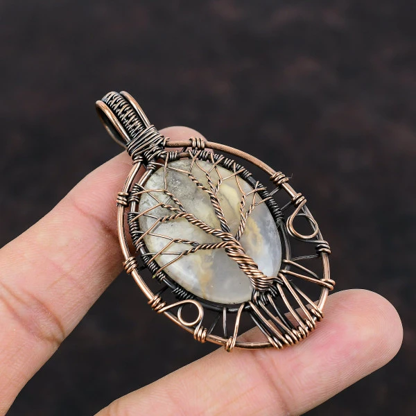 Tree Of Life Plume Agate Pendant Copper Wire Wrapped Handmade Gemstone Pendants