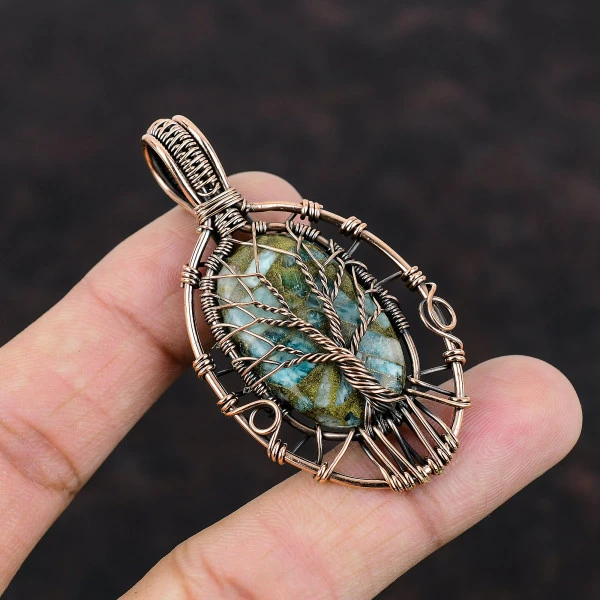 Tree Of Life Copper Amazonite Gemstone Pendant Copper Wire Wrap Handmade Jewelry