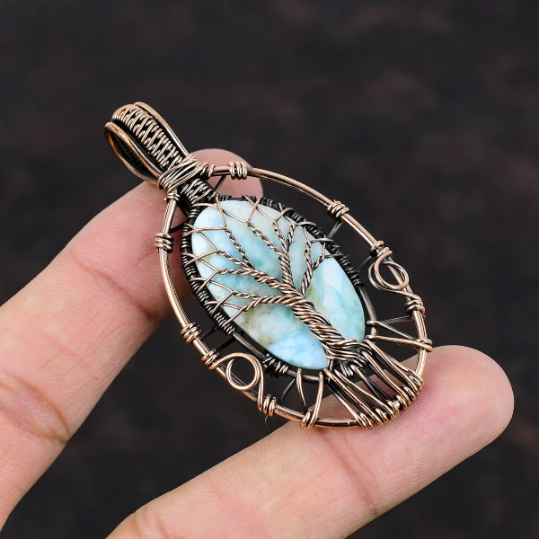 Tree Of Life Larimar Pendant Gemstone Copper Wire Wrapped Handmade Boho Jewelry