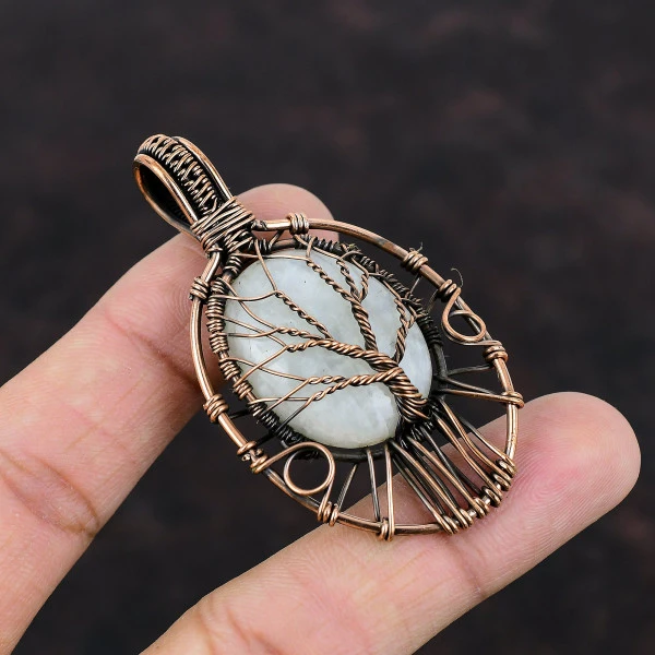 Tree Of Life Rainbow Moonstone Pendant Real Copper Wire Wrapped Gemstone Jewelry