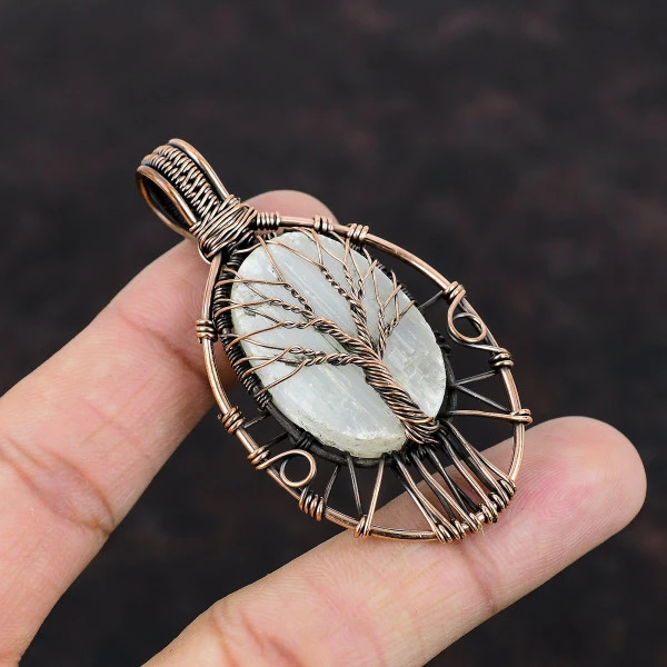 Tree Of Life Selenite Druzy Pendant Gemstone Handmade Copper Wire Wrapped Pendant