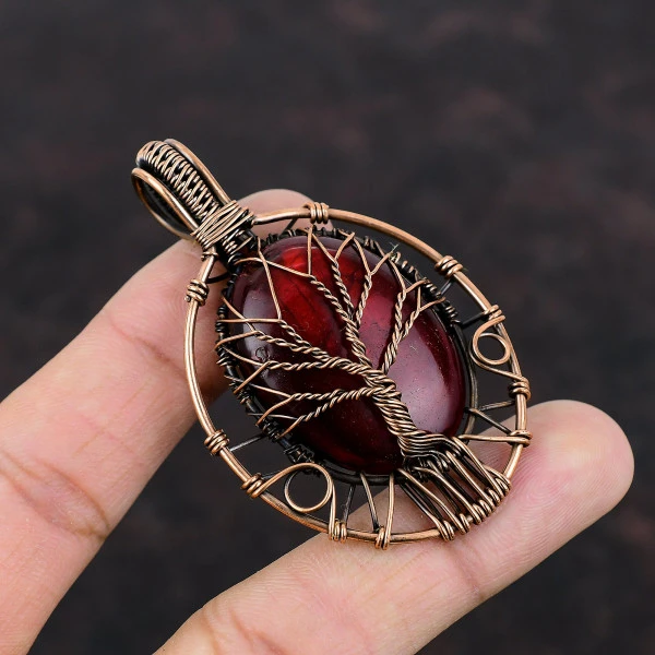 Tree Of Life Red Fire Labradorite Pendant Gemstone Copper Wire Wrap Boho Jewelry