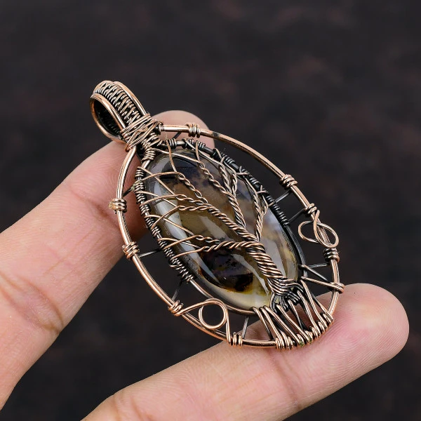 Tree Of Life Montana Agate Pendant Gemstone Copper Wire Wrapped Handmade Jewelry