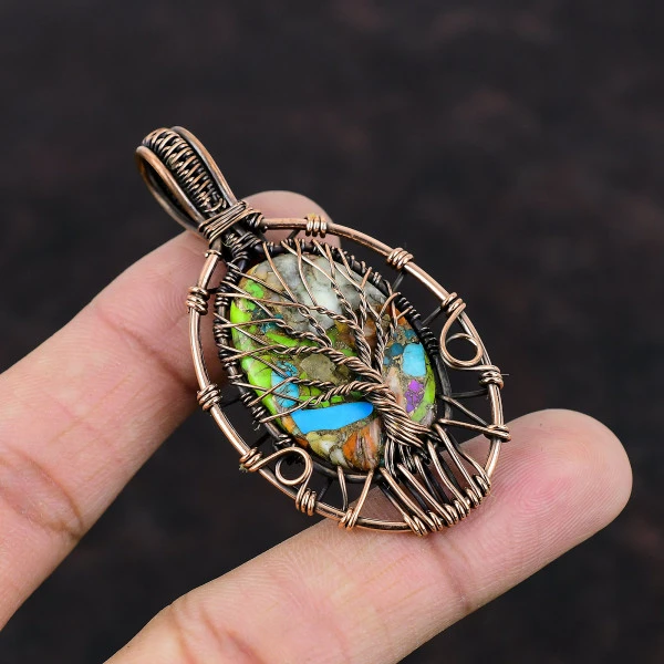 Tree Of Life Fiesta Kingman Turquoise Pendant Gemstone Copper Wire Wrap Jewelry