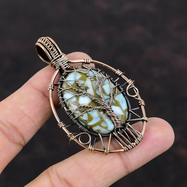 Tree Of Life Copper Larimar Pendant Natural Gemstone Copper Wire Wrapped Pendant