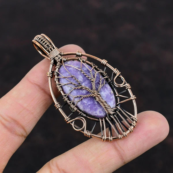Tree Of Life Lepidolite Pendant Very Pretty Gemstone Copper Wire Wrapped Jewelry